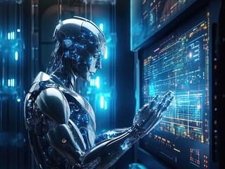 dramatic digital artwork that captures the growing intensity of cyber attacks worldwide. AI Artificial Intelligence, Data Science, Information technology concept. Humanoid robot touching on AI machine