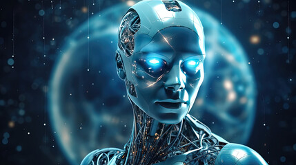 Global business smart innovation technology networks, Humanoid robot and internet network connection