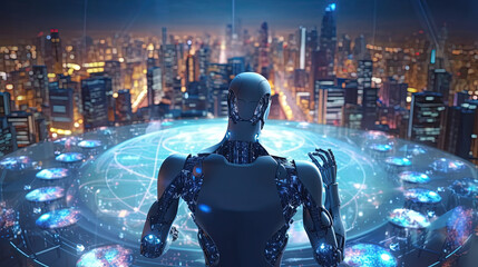 Global business smart innovation technology networks, Humanoid robot and internet network connection