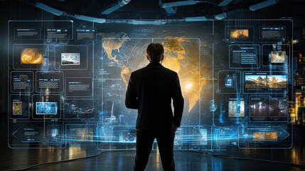 businessman working on a huge screen full of HUD intarface design elements, AI Artificial Intelligence, Data Science, Information technology concept