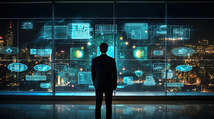 Businessman and internet network connection, economic development, business deal, marketing planning, digital marketing plan working on a huge screen full of HUD intarface design elements