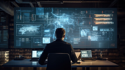 businessman working on a huge screen full of HUD intarface design elements, AI Artificial Intelligence, Data Science, Information technology concept