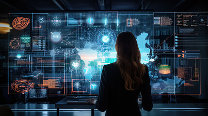 businesswoman working on a huge screen full of HUD intarface design elements, AI Artificial Intelligence, Data Science, Information technology concept