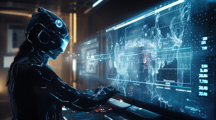 Humanoid robot working on a huge screen full of HUD intarface design elements