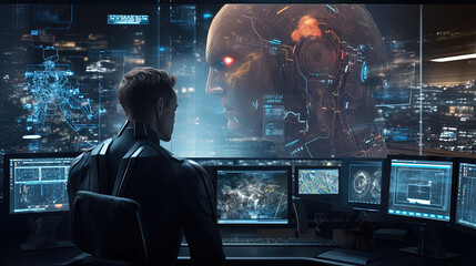 Global business smart innovation technology networks, Humanoid robot and internet network connection