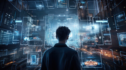 businessman working on a huge screen full of HUD intarface design elements, AI Artificial Intelligence, Data Science, Information technology concept