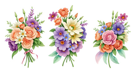 Wall Mural - Watercolor flowers and wedding bouquet 3D style on transparent background,generative ai