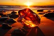 Captivating Amber Stone on Beach at Sunset - A Precious Gem of Baltic Sea. Generative AI