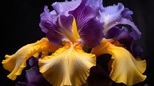 Close-up Of Botanical Beauty: Purple And Yellow Bearded Iris Flower In Garden. Generative AI