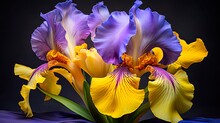 Close-up Of Purple And Yellow Bearded Iris Blossom In Botanical Garden. Generative AI