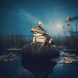 A frog sitting on top of a rock in the water. Generative AI image.