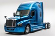 Large isolated blue Freightliner Cascadia truck on white background. Generative AI