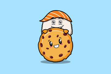 Poster - Cute Sushi cartoon character hiding in biscuits illustration in flat modern design