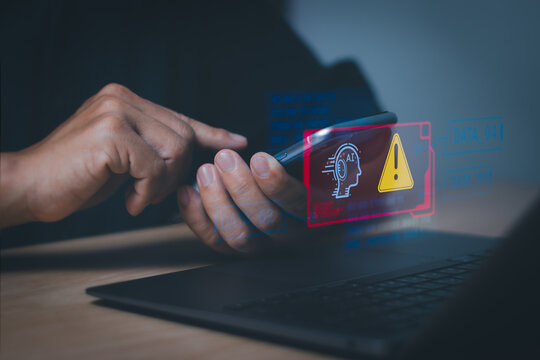 Users display warnings about the use of artificial intelligence (AI), access to malicious software or threats to online hackers. computer cyber security Warning concept or tech scam