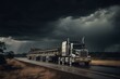 Mighty semi hauling machinery on flatbed, on a highway with stormy skies. Generative AI