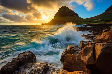 Wall Mural - Early Morning Warmth at Makapuu Beach Park, Oahu: Breathtaking Ocean Scenery for a Summer Sunrise View of Beautiful Nature. Generative AI