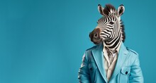 Extravagant Fashionable Wild Zebra In A Studio On A Blue Background Is Dressed In A Leather Jacket, AI Generated