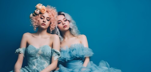 two calm tender girls in airy dresses on a blue background in the studio posing hugging, AI generated