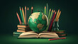ai generated illustration textbooks, globe and pencils on a wooden background