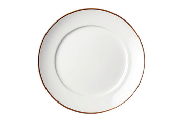 Canvas Print - A white dinner plate is standing alone on a transparent background. A cutout of an empty plate with a brown border. Contemporary porcelain dinnerware for food presentation. Idea of tableware and