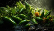 Still life of different green italian peppers under water falling. illustration AI