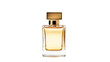 A gold glass bottle containing men's eau de parfum is seen on a transparent background. It is a fragrance for men and comes in a spray form. This modern luxury parfum de toilette includes hints of