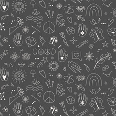 Hippie groovy background Seamless pattern Doodle style Backdrop for party decoration White outline design Hand drawn vector illustration