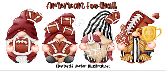 Gnomes American Football HeartBall Helmet Whistle Trophy Element Watercolor Vector File ,Clipart Cute cartoon vintage-Retro style For banner, poster, card, t shirt, sticker