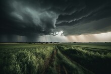Impending Natural Disaster As Storm Clouds Brew, Bringing Rain And Wind Over Farmland. Possible Hurricane Or Thunderstorm. Generative AI