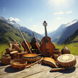 © نيلو ڤر - Collection of musical instruments, nature background