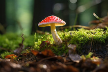 Red Fly Agaric Mushroom Or Toadstool Growing In The Forest