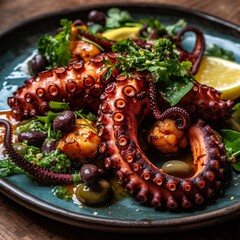 Grilled octopus with herbs and spices, salad and lemon on plate. generative ai