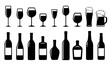Set of alcohol bottles and wine, beer, cognac, brandy glasses and goblet