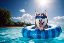 Siberian Husky Dog In Glasses Lies With An Inflatable Ring For Swimming On A Sandy Beach.
