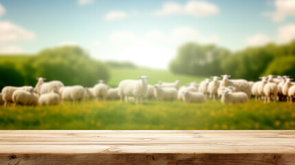 Wall Mural - wooden table top with blur background of sheep pasture