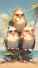 Animals Wearing Sunglasses On The Beach Illustration, Postcard, Portrait, Ai