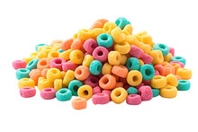 A Large Pile Of Brightly Colored Cereal Loops Positioned Alone Against A Transparent Background.