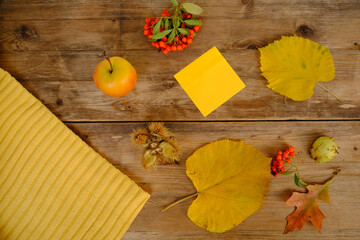 Wall Mural - Autumn composition on rustic wooden table in garden with clothing items, fallen yellow, orange leaves and berries, concept happy Thanksgiving, outdoor tea party, good weather, cozy autumn mood