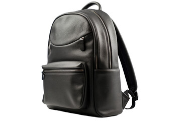 A Men's black leather backpack for business purposes is seen from the side, placed on a transparent background. This bag can be used as a daypack or rucksack and is suitable for office wear.