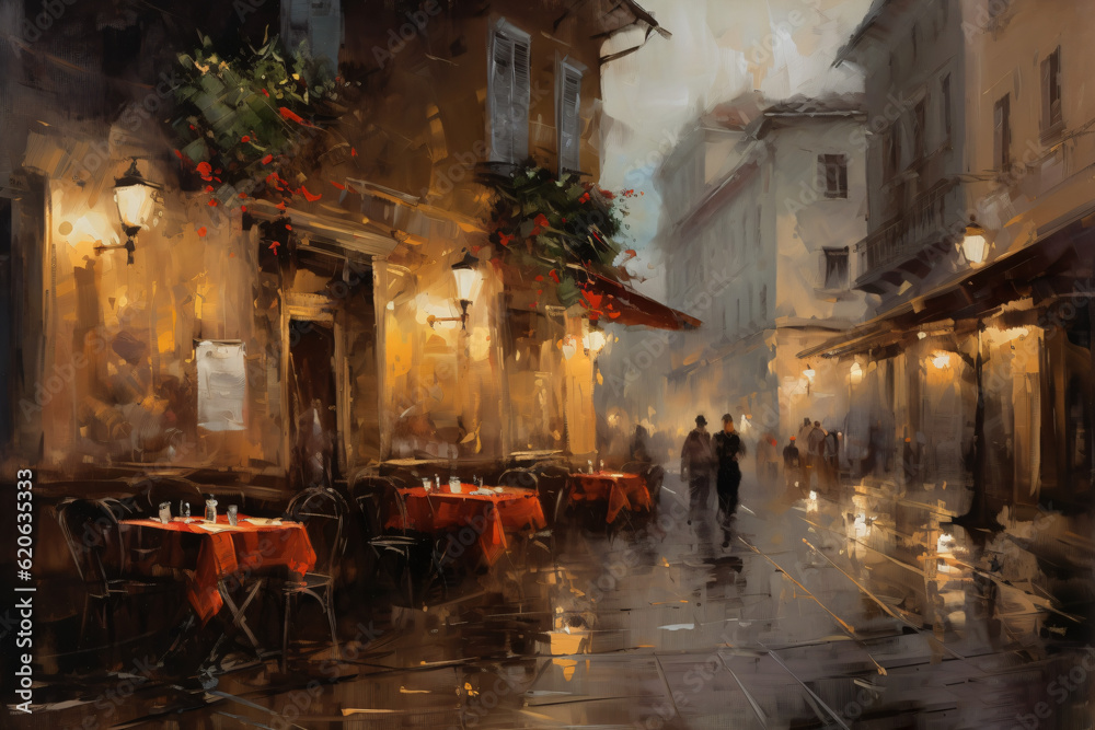 impressionist oil painting of people walking down a street at night ...