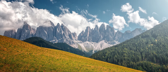 Aufkleber - Amazing nature landscape. Wonderfull Dolomites Alps. Incredible autumn view. Incredible autumn view. green highland, forest and rocky mountains peaks on background. Picture of wild area