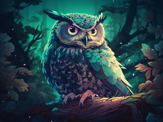 Wall Mural - An owl perched on a tree branch flat design vector style illustration Generative Ai