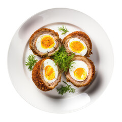 Wall Mural - Scotch Eggs On White Plate, Directly Above View On Isolated Transparent Background, Png. Generative AI