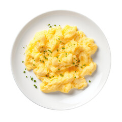 Wall Mural - Scrambled Eggs On White Plate, Directly Above View On Isolated Transparent Background, Png. Generative AI