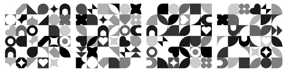 Aufkleber - Black and white abstract shapes set of seamless pattern. Geometric backgrounds in trendy retro bauhaus style. EPS 10