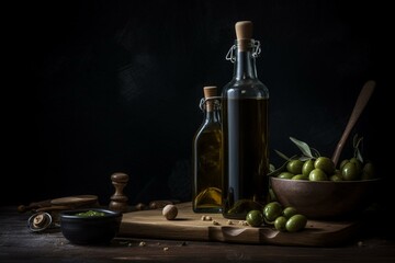 Wall Mural - Olive oil bottle with olives and wooden stopper on wooden table with dark background. Generative AI