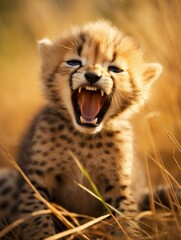 Wall Mural - newborn cheetah cub yawning lazily, created with generative ai