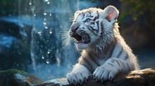 White Tiger Cub Playfully Pawing At Water Droplets, Created With Generative Ai