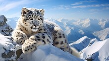 Young Snow Leopard Resting Lazily On A High-altitude Cliff, Created With Generative Ai