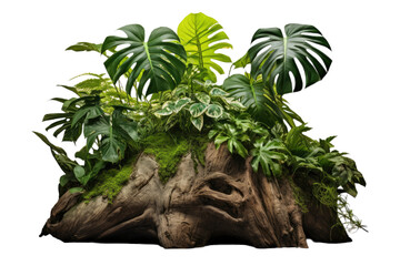 Poster - A tree trunk from the jungle with tropical plants on it, including a climbing Monstera (Monstera deliciosa). The image is isolated on a transparent background and has a clipping path.